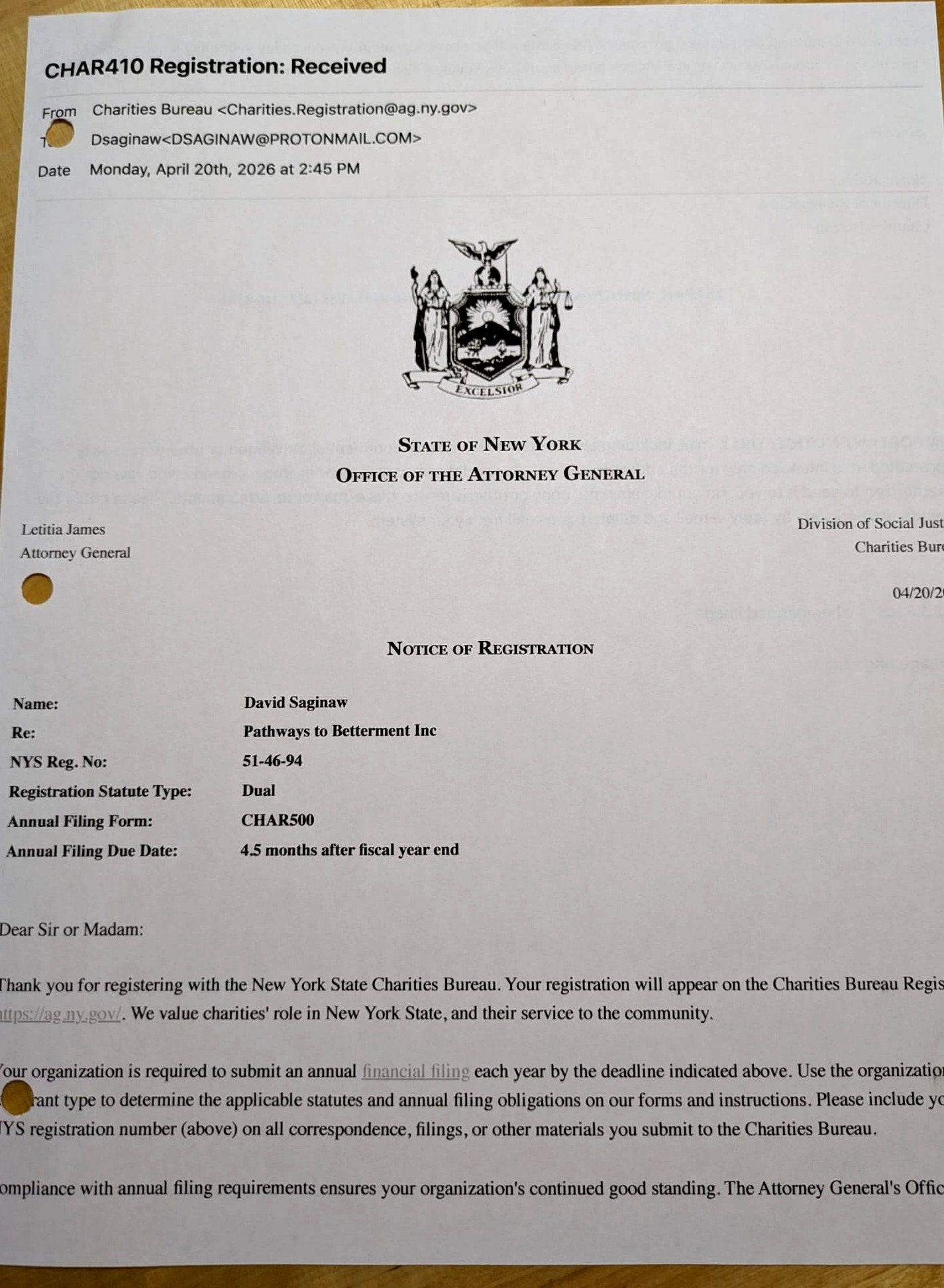 NYS Charities Bureau Registration confirmation for Pathways to Betterment, Inc.