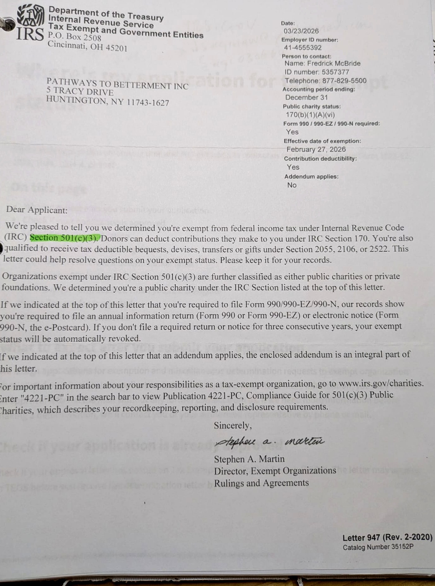 IRS 501(c)(3) Determination Letter for Pathways to Betterment, Inc.